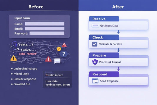 Comparison of input form with validation process on a blue and purple background