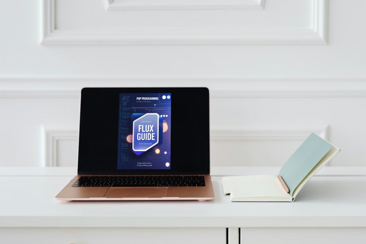 Laptop on a white surface with a book next to it, displaying a screen with 'Flux Guide' on a white wall.