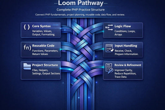 Diagram of Loom Pathway PHP practice structure with blue and purple interwoven design on a dark background.