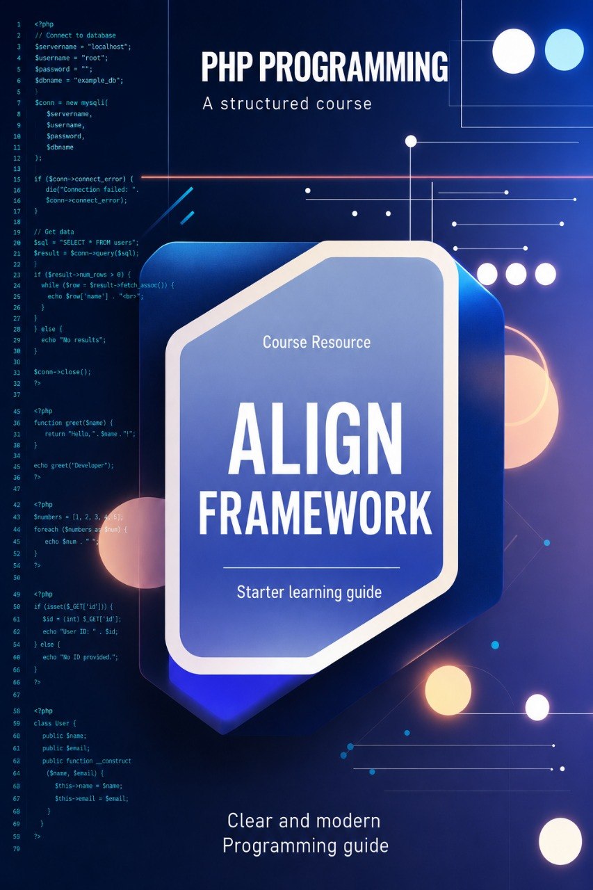 Book cover of 'ALIGN FRAMEWORK' for PHP programming with technical design elements.