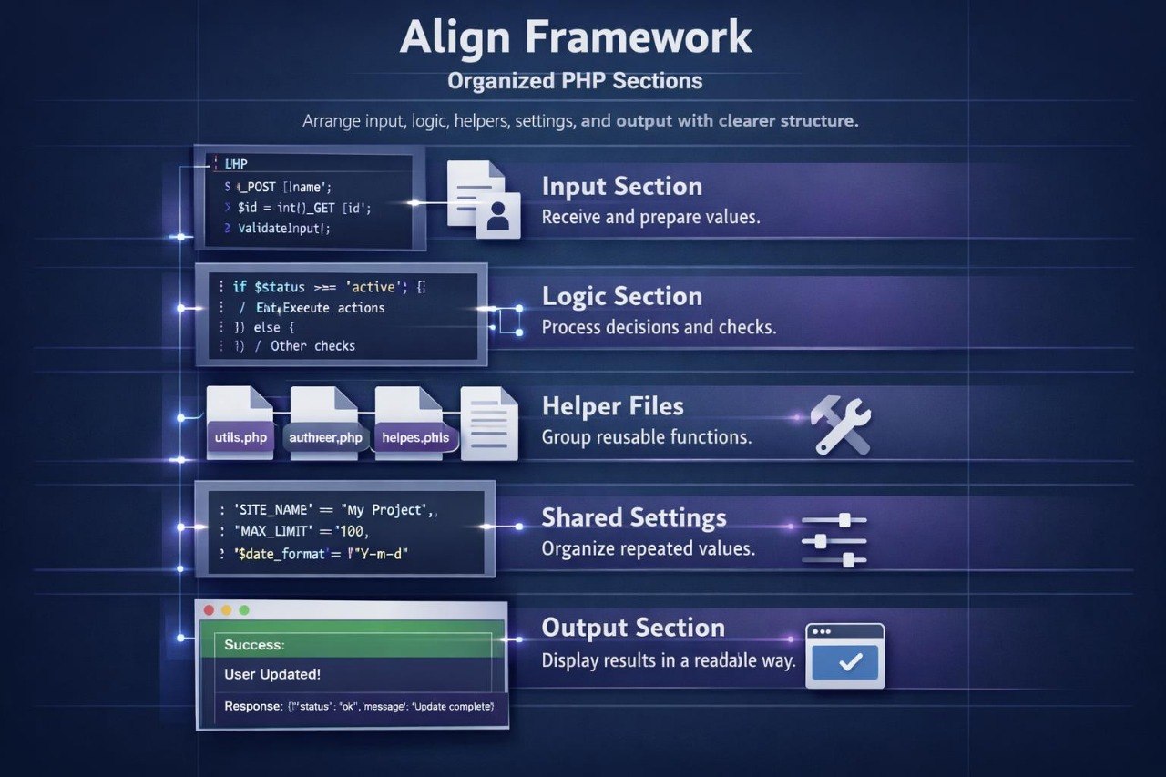 Diagram of an 'Align Framework' for organized PHP sections on a dark background.
