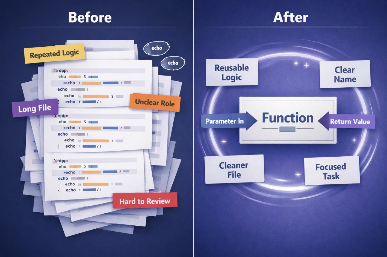 Comparison of 'Before' and 'After' code refactorings with text labels on a blue background.