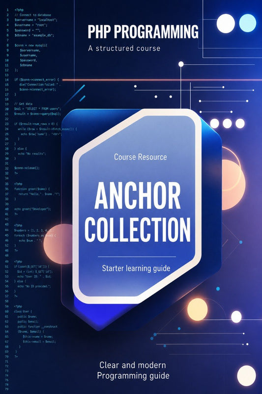 Book cover of 'PHP Programming: A structured course' with anchor collection starter learning guide on a blue and black background.