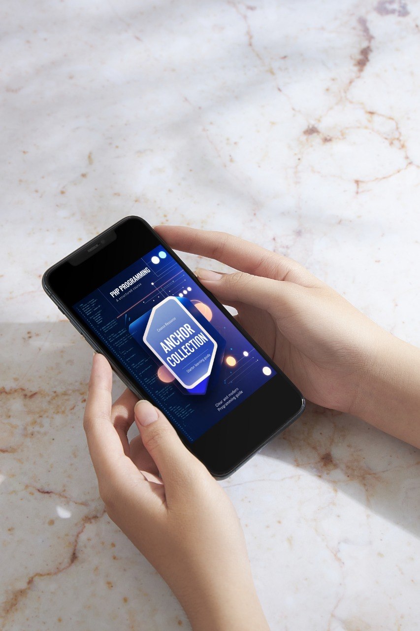 Person holding a smartphone with an app interface on a marble surface