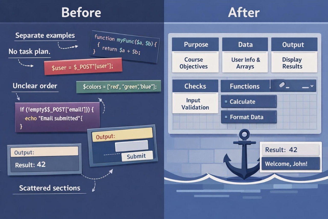 Comparison of code snippets before and after refactoring with an anchor icon at the bottom.
