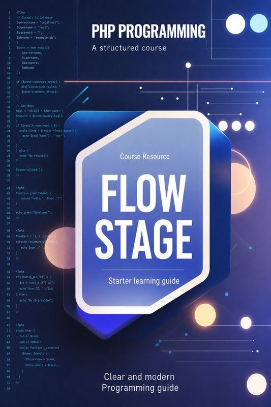Book cover of 'Flow Stage' starter learning guide for PHP programming on a blue and purple background with code snippets.