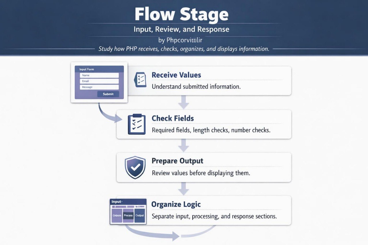 Flow stage diagram for input, review, and response process on a white background with blue accents.