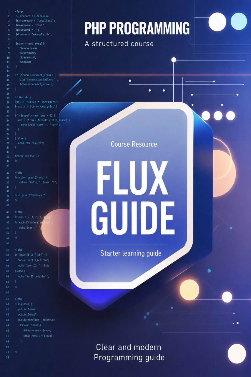 Flux Guide for PHP Programming on a digital background with code snippets.