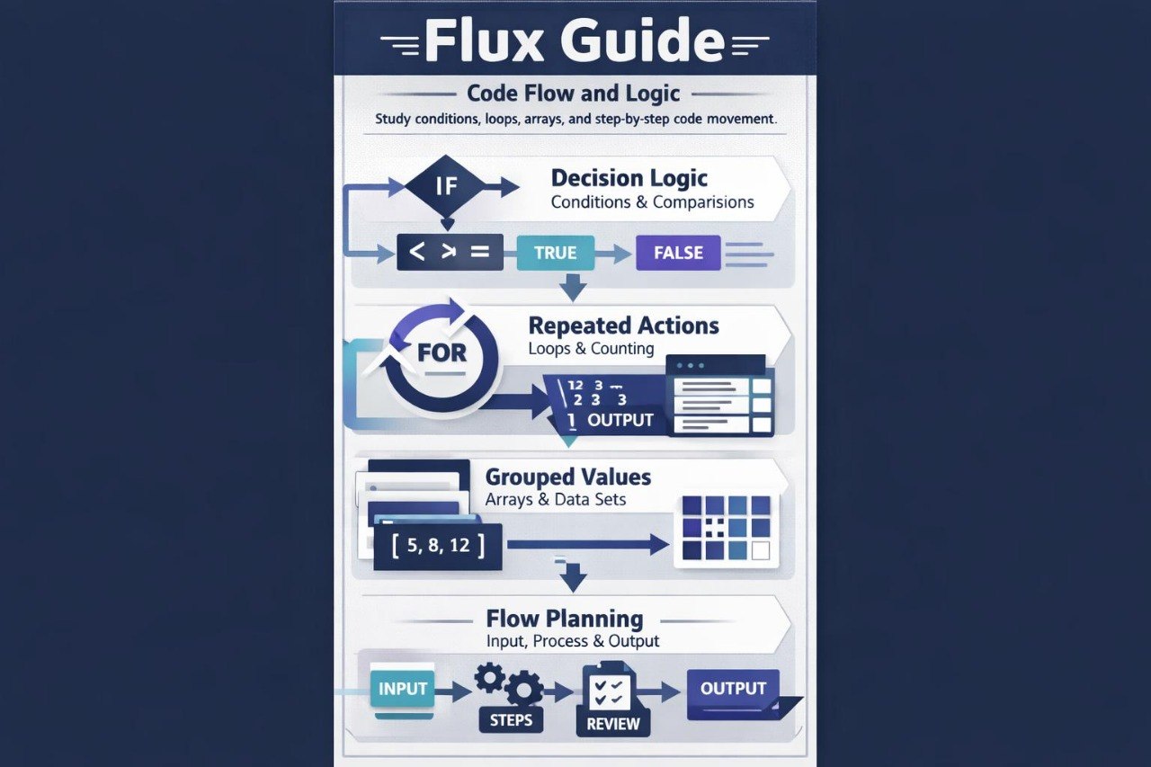 Flux Guide infographic on code flow and logic with a dark blue background