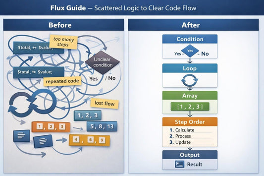 Comparison of scattered logic to clear code flow with 'Before' and 'After' diagrams.