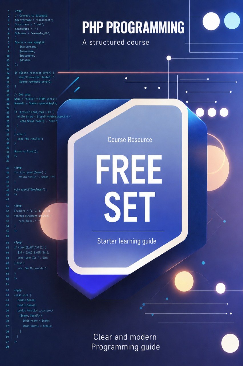Promotional graphic for a PHP programming course resource with a blue and white design on a dark background.