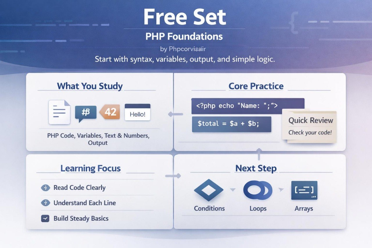 PHP Foundations course interface with text and icons on a blue background