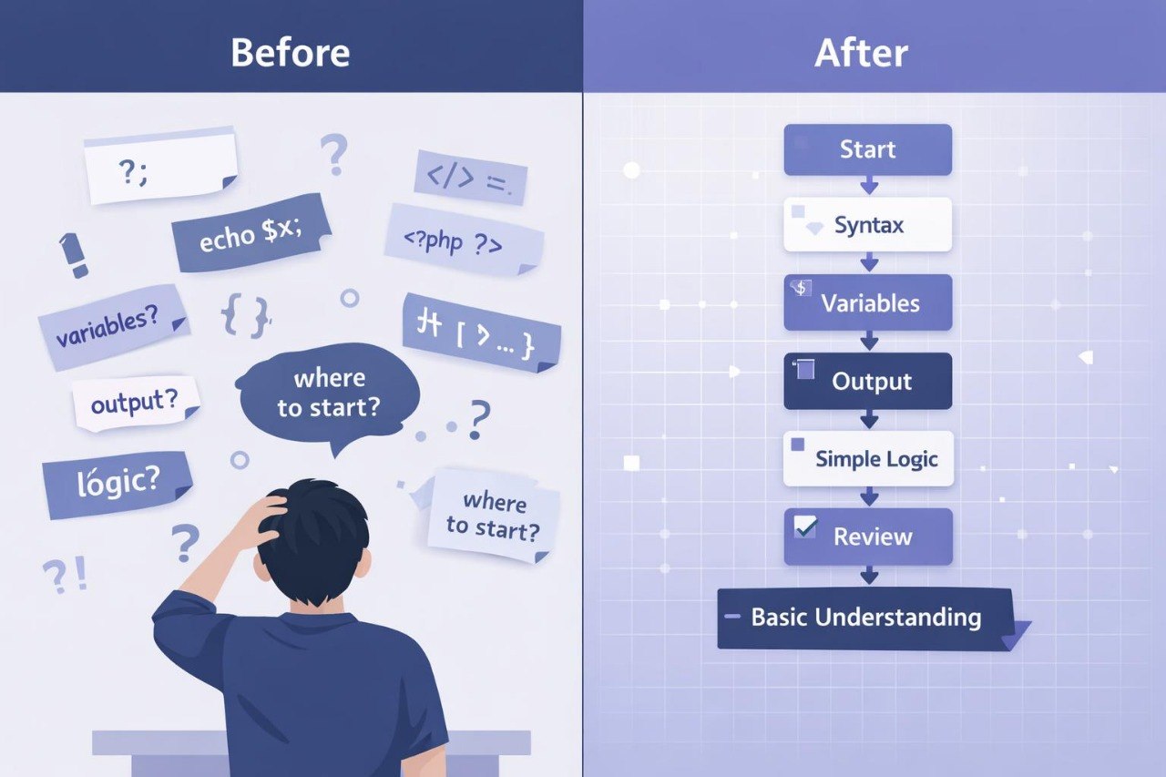 Before and after comparison of a person struggling with programming concepts and a clear flowchart for learning programming.