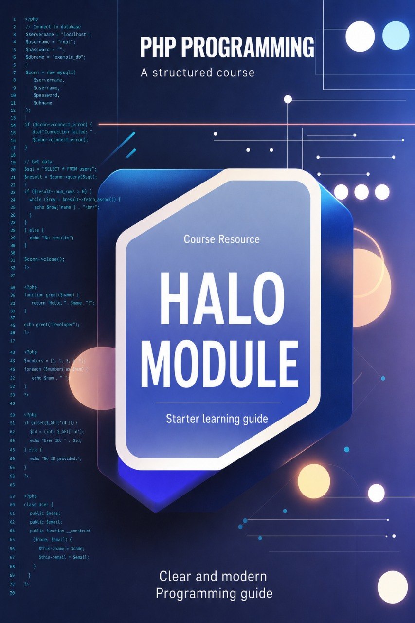 Book cover of 'PHP Programming' with 'HALO Module' on a blue and purple background