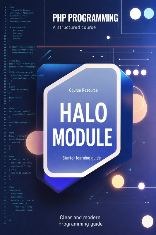 Book cover of 'PHP Programming' with 'HALO Module' on a blue and purple background