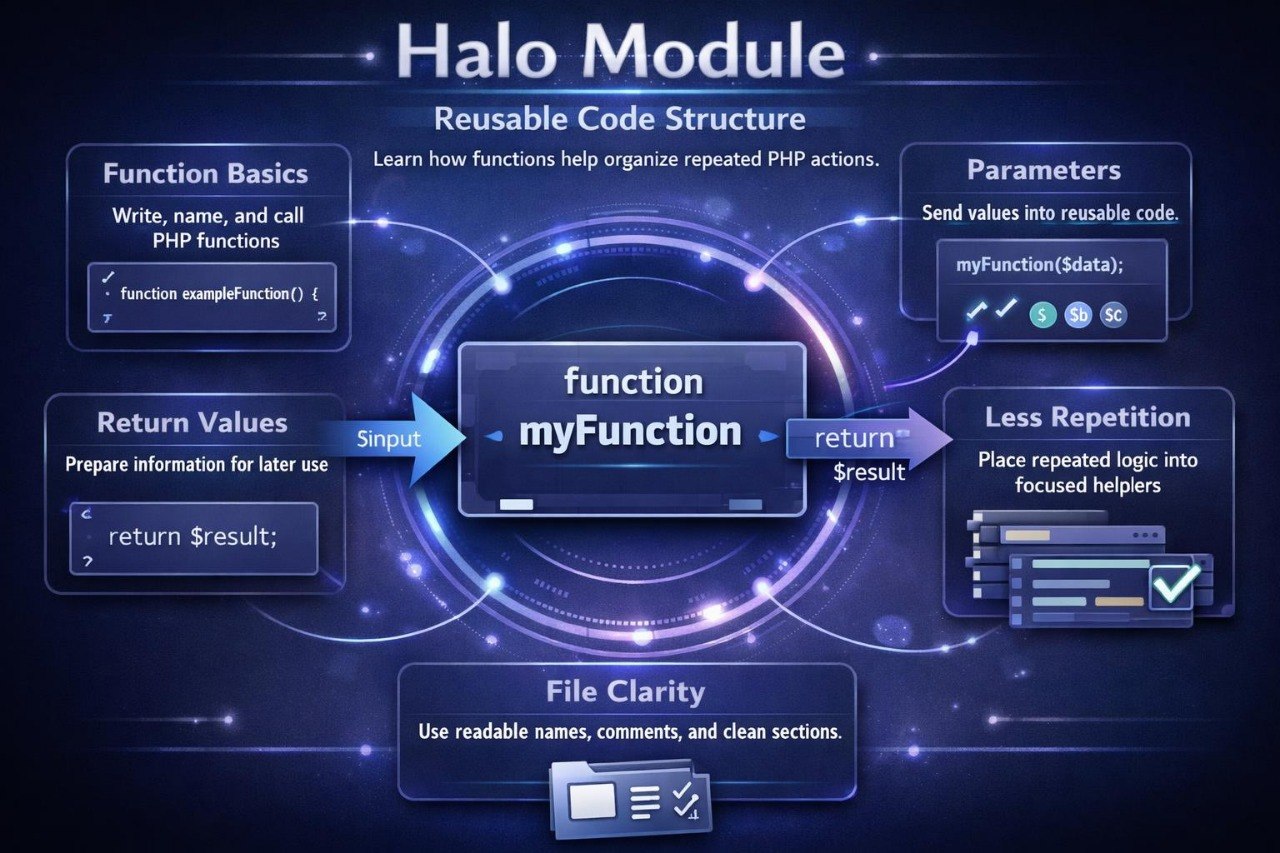 Diagram of a Halo Module reusable code structure with PHP functions on a dark background