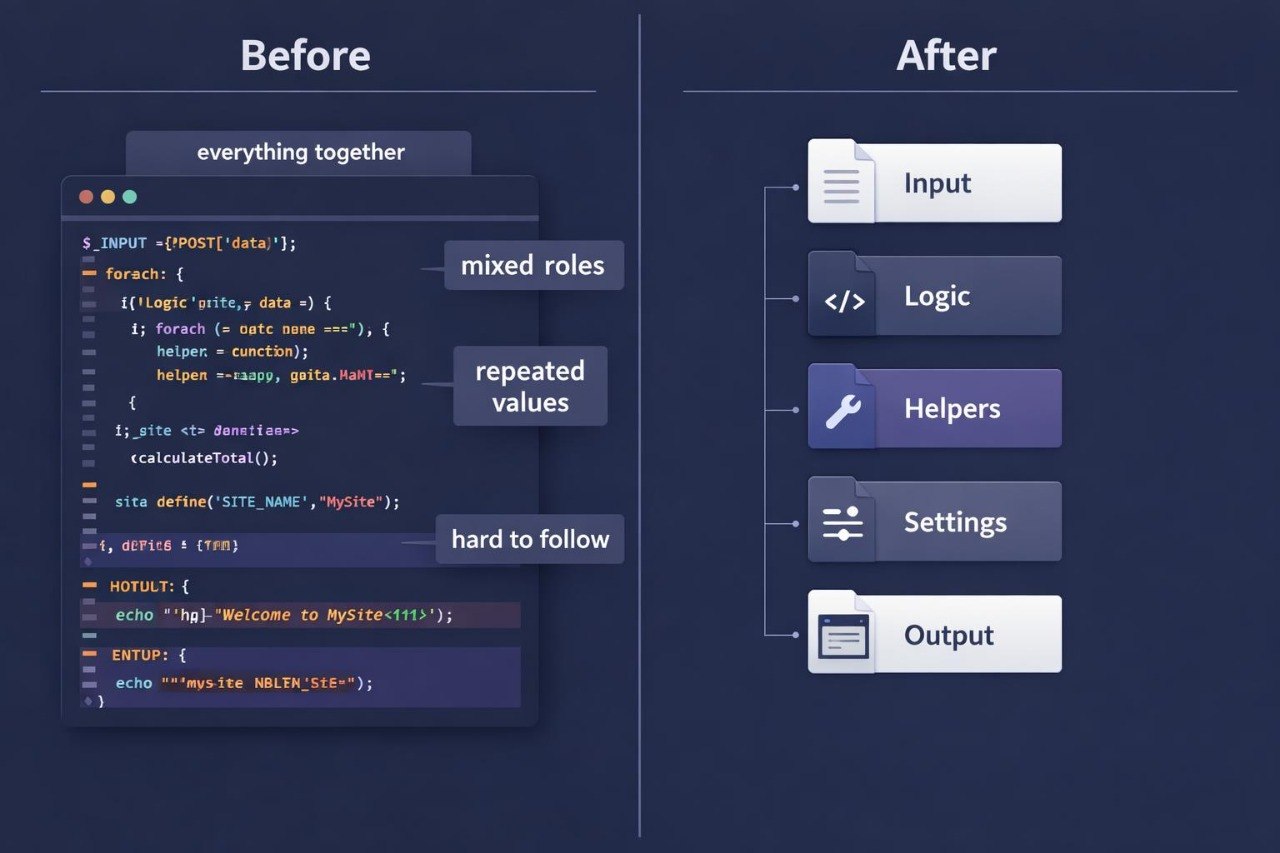 Comparison of code structure before and after refactoring on a dark background