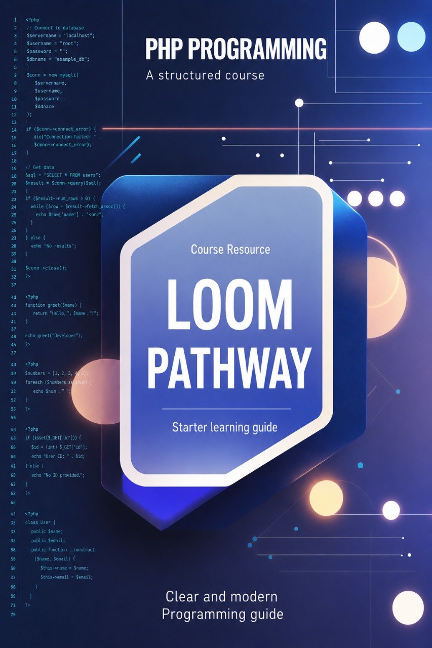 Cover of a PHP programming book titled 'Loom Pathway' with technical design elements.