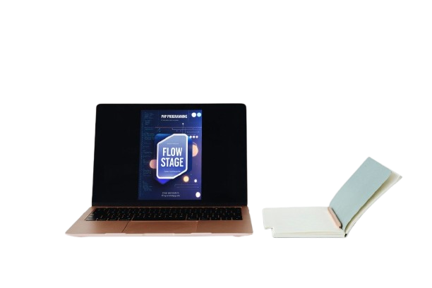 Laptop with a screen displaying 'Flow Stage' and a notebook on a white background