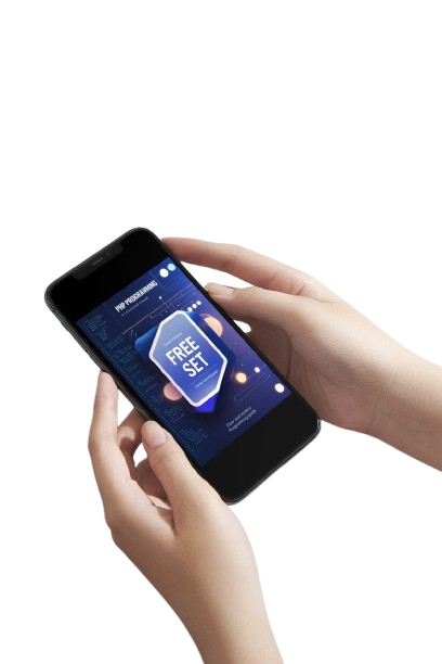 Person holding a smartphone with an app interface on a white background