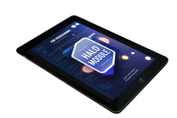 Tablet displaying a 'Halo Module' on a white background