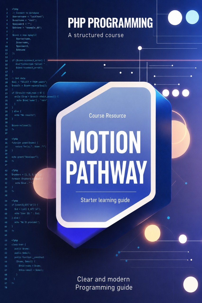 Book cover of 'PHP Programming' by Motion Pathway on a blue background with code snippets.