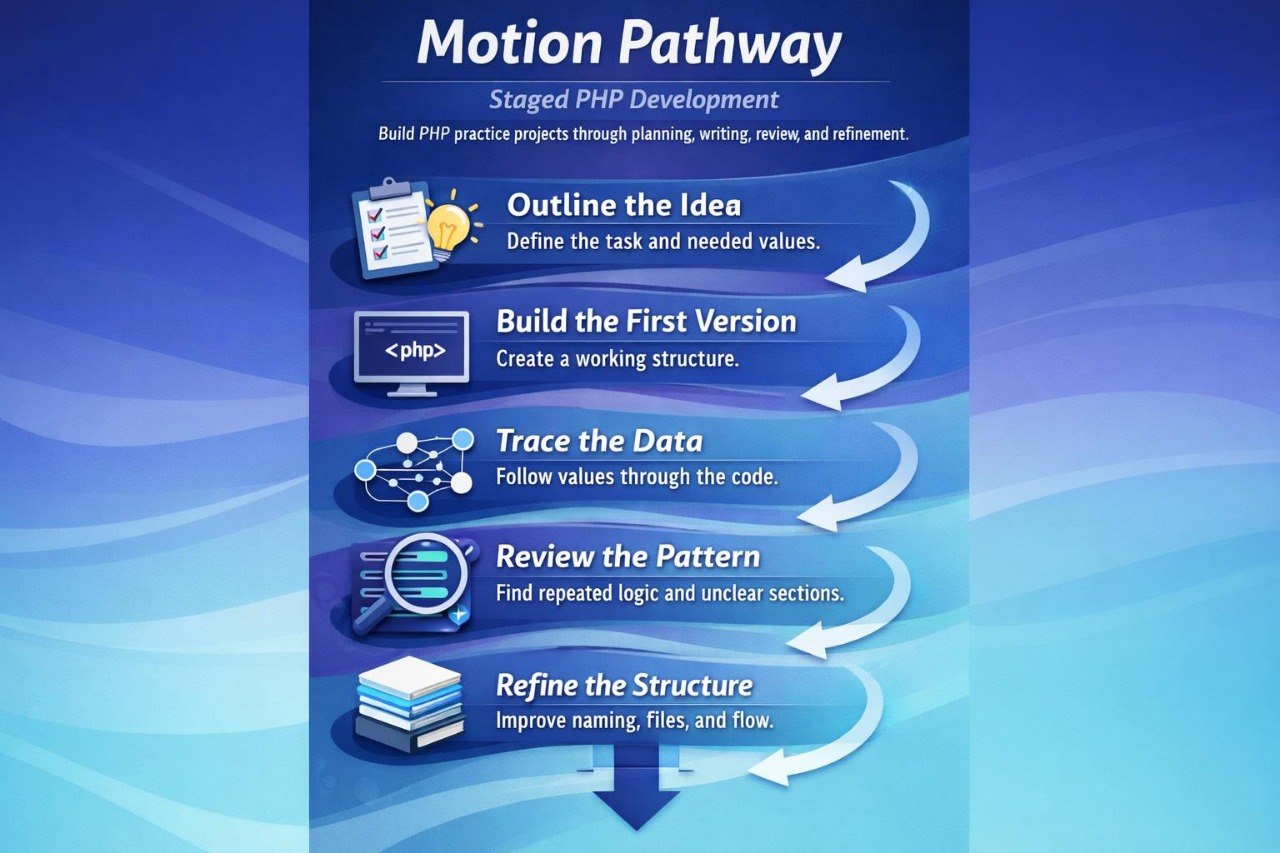 Staged PHP Development process diagram on a blue background