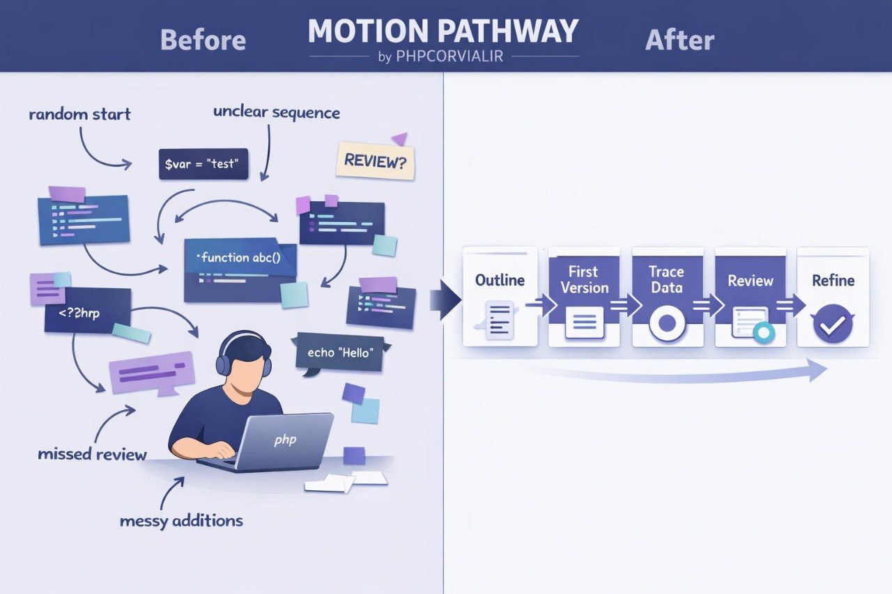 Diagram showing a 'Before' and 'After' comparison of a motion pathway for software development.