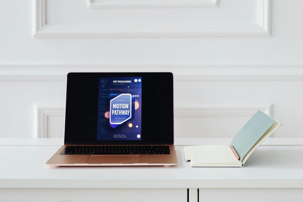 Laptop on a white surface with a book next to it, displaying a screen with text and graphics.