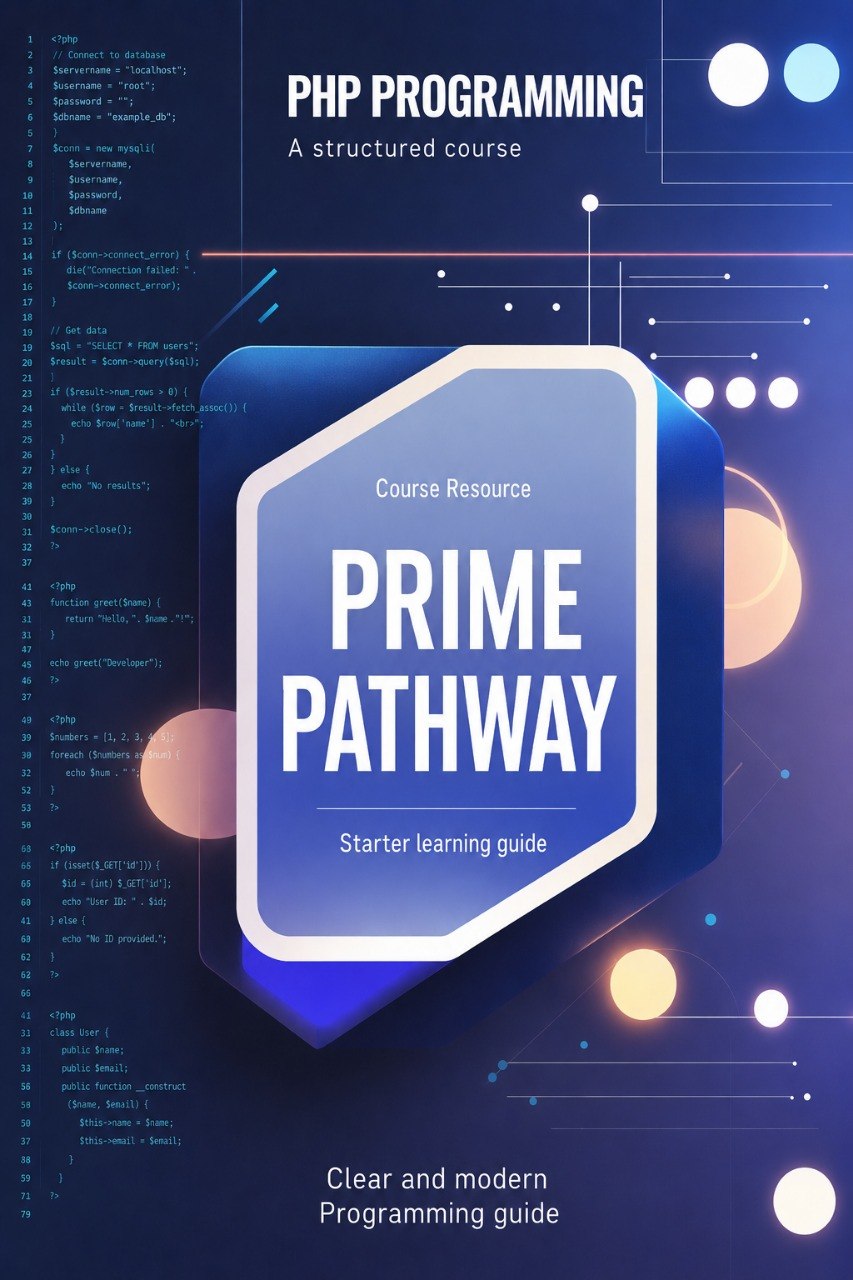Book cover of 'PHP Programming' by Prime Pathway on a dark background with code snippets.