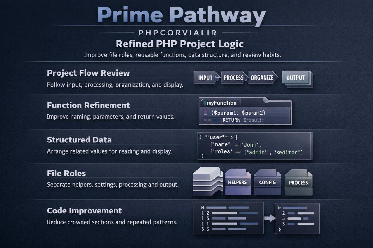 Diagram of PHP project logic refinement with text 'Prime Pathway' on a dark background