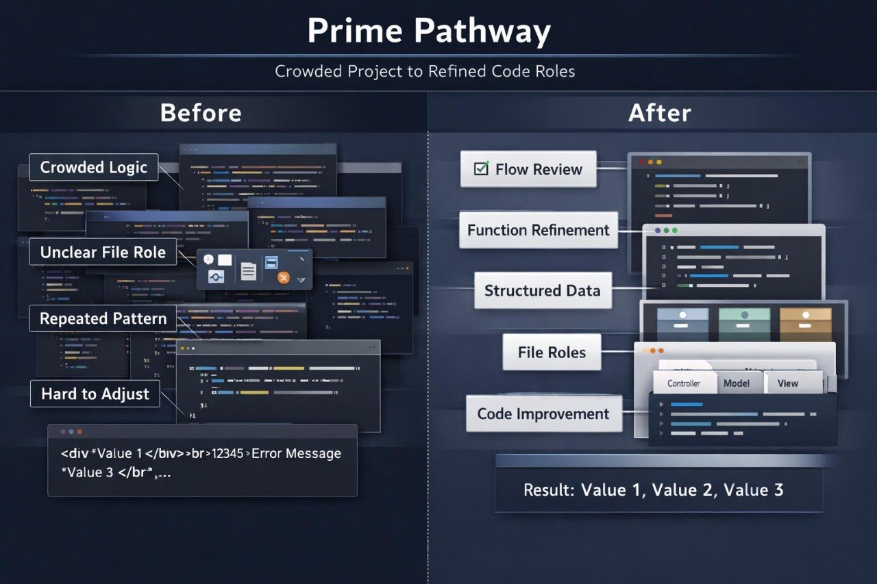 Before and after comparison of code refinement process on a dark background