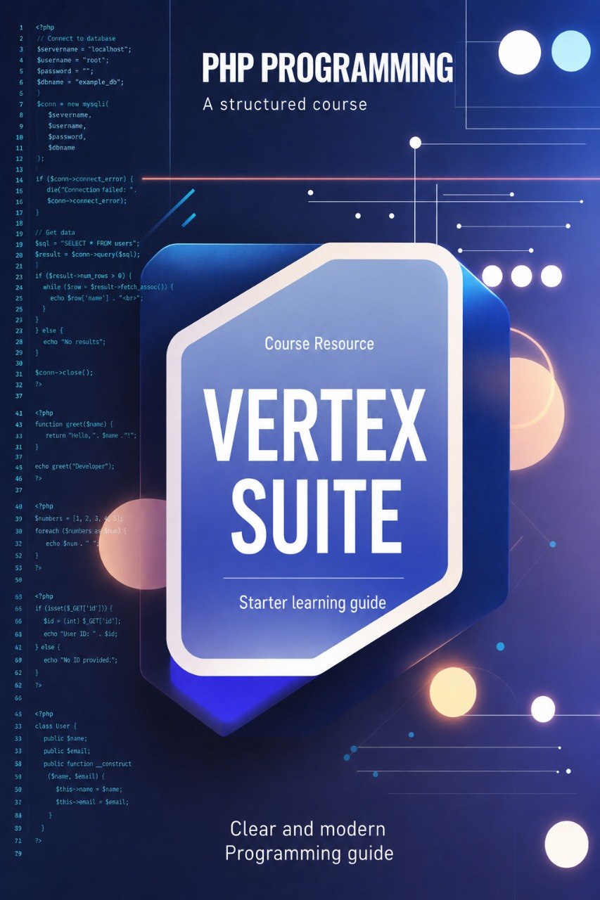 Vertex Suite PHP Programming course resource with technical design elements on a blue background