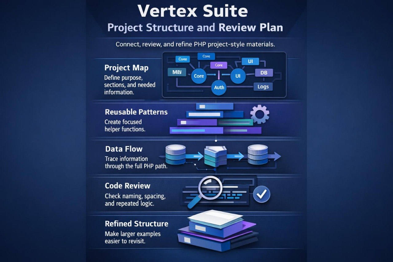 Vertex Suite Project Structure and Review Plan diagram on a dark blue background