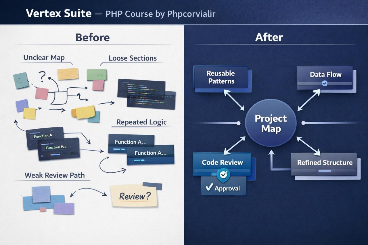 Comparison of 'Before' and 'After' project map diagrams for a PHP course by Phpcorvalir.